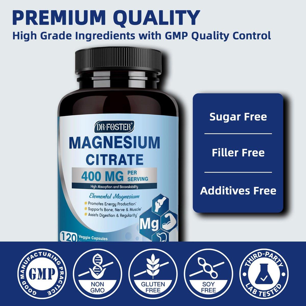 DRFOSTER Magnesium Citrate Capsules - High Absorption Pure Magnesium Supplement 400 mg for Constipation, Sleep, Muscle & Heart Support - Non-GMO 110 Vegan Capsules - görsel 13