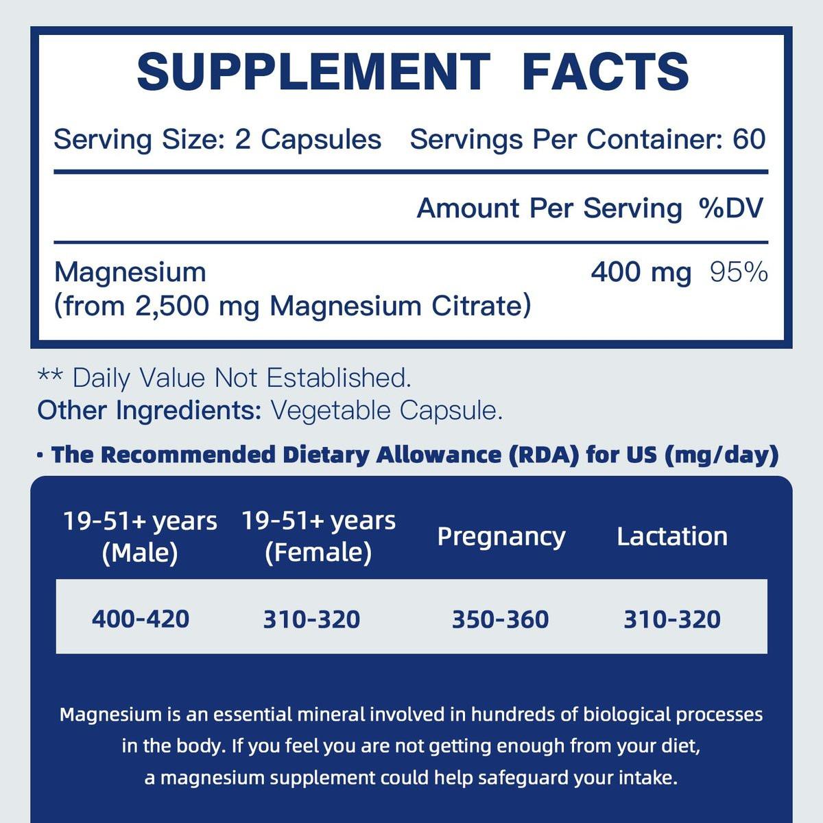 DRFOSTER Magnesium Citrate Capsules - High Absorption Pure Magnesium Supplement 400 mg for Constipation, Sleep, Muscle & Heart Support - Non-GMO 110 Vegan Capsules - görsel 4