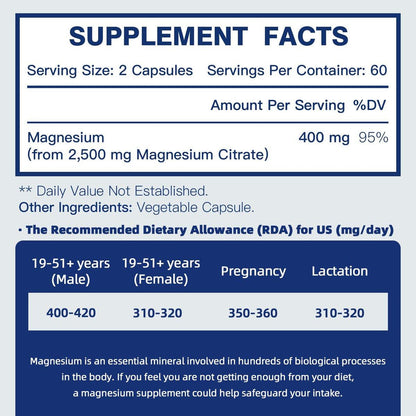 DRFOSTER Magnesium Citrate Capsules - High Absorption Pure Magnesium Supplement 400 mg for Constipation, Sleep, Muscle & Heart Support - Non-GMO 110 Vegan Capsules