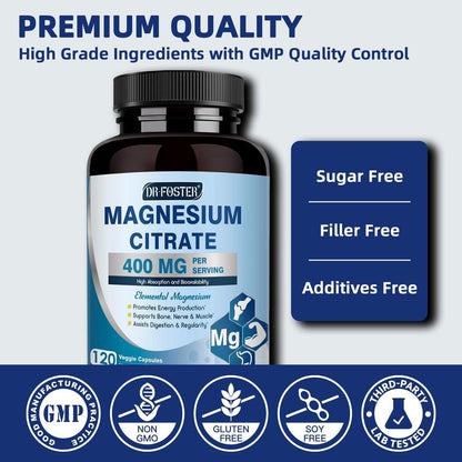 DRFOSTER Magnesium Citrate Capsules - High Absorption Pure Magnesium Supplement 400 mg for Constipation, Sleep, Muscle & Heart Support - Non-GMO 110 Vegan Capsules