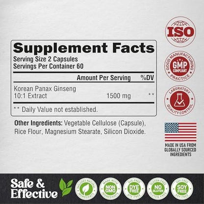Panax Ginseng 1500 mg - Red Korean Ginseng Supplement for Men - Extra Strength 10:1 Extract - Energy, Focus, Productivity & Performance - Natural & Vegan - Lab Tested - 120 Capsules, 2 Month Supply