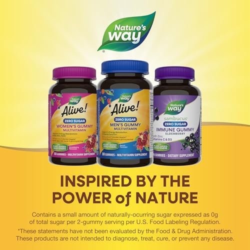 Nature's Way Alive! Zero Sugar Men's Gummy Multivitamins, Energy Metabolism*, Muscle Function*, B-Vitamins, No Sugar Alcohols, Plant-Based Sweeteners, Peach Flavored, 80 Gummies - görsel 8