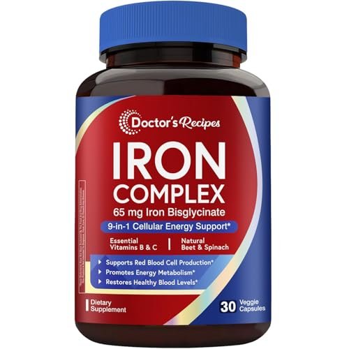 Doctor's Recipes Iron Supplement for Women, 65 mg Iron Bisglycinate, w/Vitamins C, B6, Folic Acid & B12, Beet Root & Spinach, Energy Production & Blood Health, Stomach Friendly, 30 Vegan Capsules - görsel 5