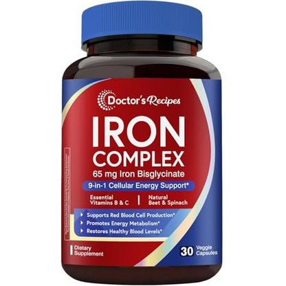 Doctor's Recipes Iron Supplement for Women, 65 mg Iron Bisglycinate, w/Vitamins C, B6, Folic Acid & B12, Beet Root & Spinach, Energy Production & Blood Health, Stomach Friendly, 30 Vegan Capsules