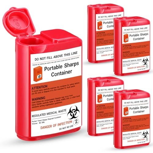 Baderke 5 Pack Pocket Travel Sharps Disposal Container - Small 80 Ml Red Sharps Containers for Home Use, Diabetic Needles, Lancets, Strips - görsel 1