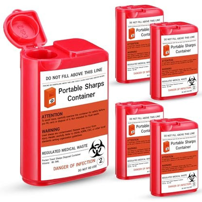 Baderke 5 Pack Pocket Travel Sharps Disposal Container - Small 80 Ml Red Sharps Containers for Home Use, Diabetic Needles, Lancets, Strips