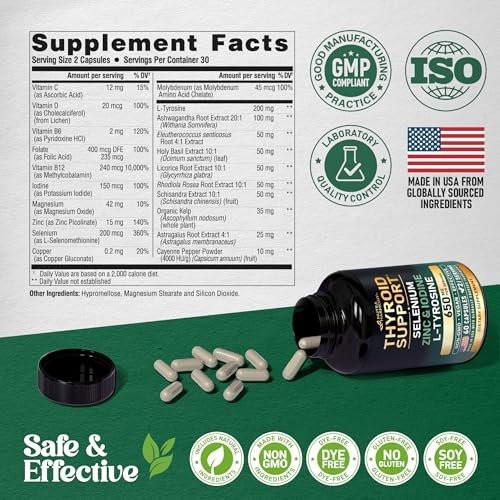 Thyroid Support for Women - Selenium 200 mcg | Astragalus | Zinc & Iodine | L-Tyrosine | Adaptogen Herbs - 21-in-1 Antioxidant & Immune Support - Vegan, Non-GMO - Lab Tested - 60 Capsules - görsel 3