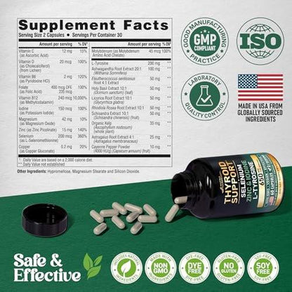 Thyroid Support for Women - Selenium 200 mcg | Astragalus | Zinc & Iodine | L-Tyrosine | Adaptogen Herbs - 21-in-1 Antioxidant & Immune Support - Vegan, Non-GMO - Lab Tested - 60 Capsules