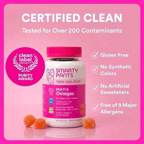 SmartyPants Teen Girl Multivitamin Gummies, Omega 3 (DHA/EPA), Vitamin C, D3, B12, Vitamin A, K & Zinc, Biotin to Support Hair, Skin & Nails, Gluten Free, 60 Count (30 Day Supply) - görsel 14