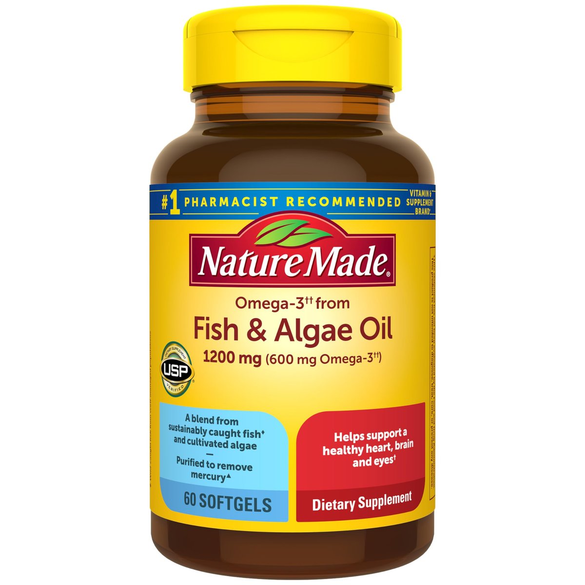 Nature Made Omega 3 Fish Oil and Algae Oil Supplements, 1200mg, Algae Oil & Fish Oil Blend, Omega 3 Supplement for Heart, Brain and Eyes Support, One Per Day, 60 Softgels - görsel 4