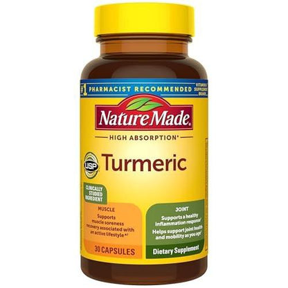Nature Made High Absorption Turmeric Curcumin Supplement Capsules, Turmeric Supplement, Muscle and Joint Support, 30 Capsules, 30 Day Supply