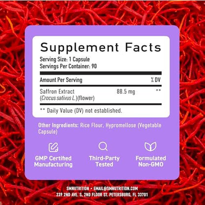 Saffron Supplements 88.5mg | 3-Month Supply | Pure Saffron Extract Capsules for Mood, Focus, Eye Health & Energy Balance Support | Crocus Sativus Extract | Gluten-Free & Non-GMO | 90 Capsules