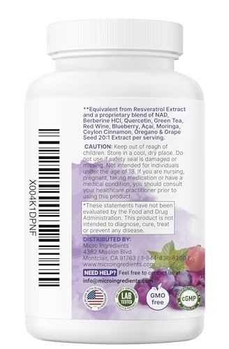 Micro Ingredients Resveratrol NAD Complex 3,000mg for Women & Men, 240 Veggie Capsules | NMN Supplement Alternative | 11-in-1 Blend with NAD+, Quercetin, Moringa, Berberine, Grape Seed, & Oregano