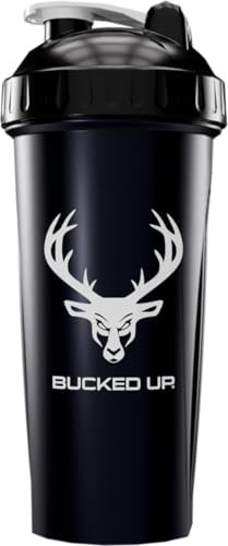 Bucked Up Perfect Shaker Bottle, 28oz, BPA-Free, Dishwasher Safe, Leak-Proof, Black Bottle with White Buck Logo
