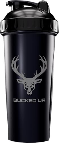 Bucked Up Shaker Bottle for Protein, Pre Workouts and Smoothies, Black Bottle with Gray Buck Logo (28oz)