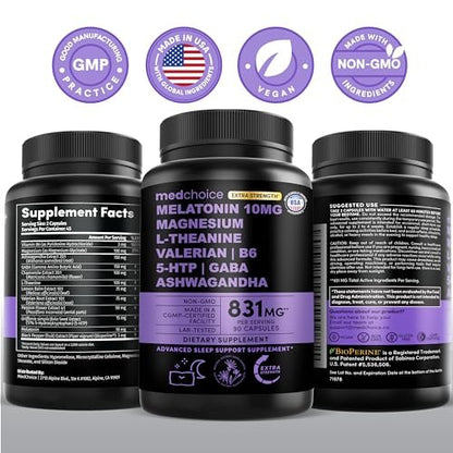 12-in-1 Melatonin Sleep Extra Strength Capsules - 10mg Melatonin Extra Strength with Magnesium and Balanced Blend of Ashwagandha, GABA, Chamomile Extract, L-Theanine & Valerian Root 10:1 Extract 90ct