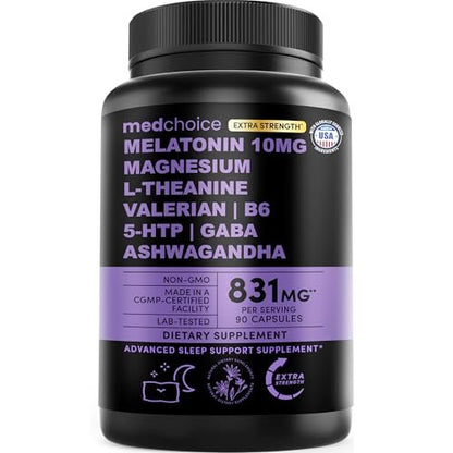 12-in-1 Melatonin Sleep Extra Strength Capsules - 10mg Melatonin Extra Strength with Magnesium and Balanced Blend of Ashwagandha, GABA, Chamomile Extract, L-Theanine & Valerian Root 10:1 Extract 90ct