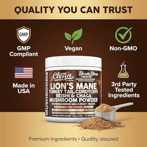 Clean Nutra Lion's Mane Turkey Tail Cordyceps Reishi Chaga Mushroom Powder + Ashwagandha Niacin Calm Stress Memory Adrenal Support Supplements Maca Rhodiola Holy Basil Apaptogen Supplement Unflavored - görsel 11