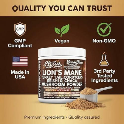Clean Nutra Lion's Mane Turkey Tail Cordyceps Reishi Chaga Mushroom Powder + Ashwagandha Niacin Calm Stress Memory Adrenal Support Supplements Maca Rhodiola Holy Basil Apaptogen Supplement Unflavored