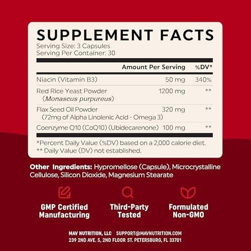 Red Yeast Rice with CoQ10 + Omega 3 for Healthy Cholesterol Support | 1200mg | Heart Health Support | Red Yeast Rice 1200 mg. Capsules | Non-GMO, Gluten-Free | Heart Health Supplements | 90 Ct - görsel 5
