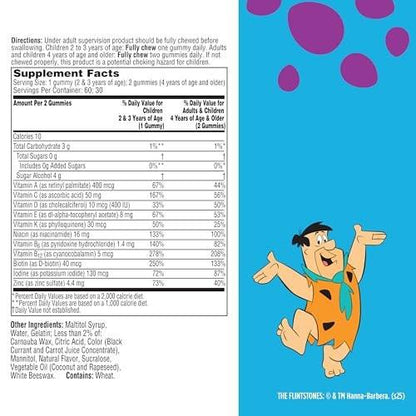 Flintstones Multivitamins for Kids, Sugar Free Kids Multivitamin Gummies, with Vitamins A, C, E, B6 & B12, Raspberry Flavored Gummy Vitamins, 60 Count