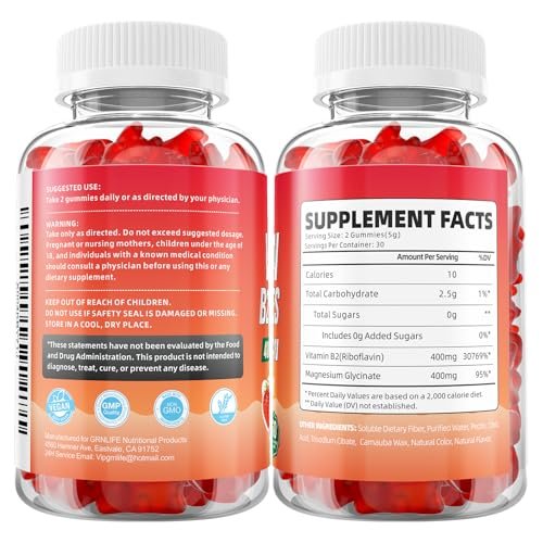 GrnLife Vitamin B2 Gummies, Riboflavin 400mg with Magnesium for Kids & Adults, B2 Gummies for Migraine Relief & Energy Support, Strawberry Flavor, 60 Count - görsel 1