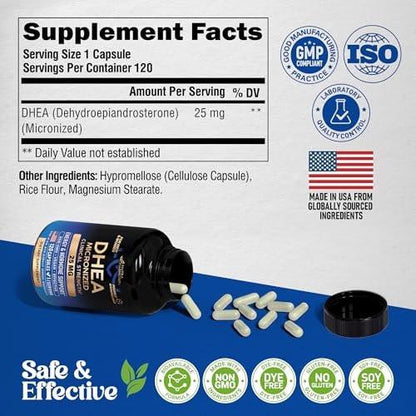 DHEA 25mg - Micronized DHEA Supplement for Women & Men - Clinically Proven Strength & Bioavailable - Healthy Aging, Hormone Balance & Energy Level Support - Lab Tested - Vegan & NON-GMO - 120 Capsules