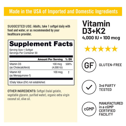 NatureWise Vitamin D3 4000IU + K2 (MK7) 100mcg with Organic Extra Virgin Coconut Oil - Supports Calcium Absorption, Bone & Immune Health - Non-GMO, Soy & Gluten-Free - 30 Softgels[1-Month Supply]