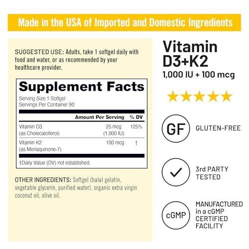 NatureWise Vitamin D3 1000IU + K2 (MK7) 100mcg with Organic Extra Virgin Coconut Oil - Supports Calcium Absorption, Bone & Immune Health - Non-GMO, Soy & Gluten-Free - 90 Softgels [3-Month Supply] - görsel 10