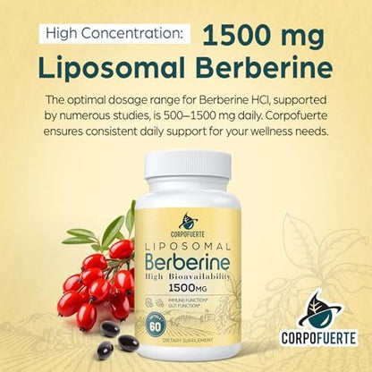 Corpofuerte Liposomal Berberine - Berberine Supplement Activates AMPK, Supports Body Balance in Women and Men - Support Immune Function, Gut Function, Non-GMO, Sugar-Free, 60 Softgels