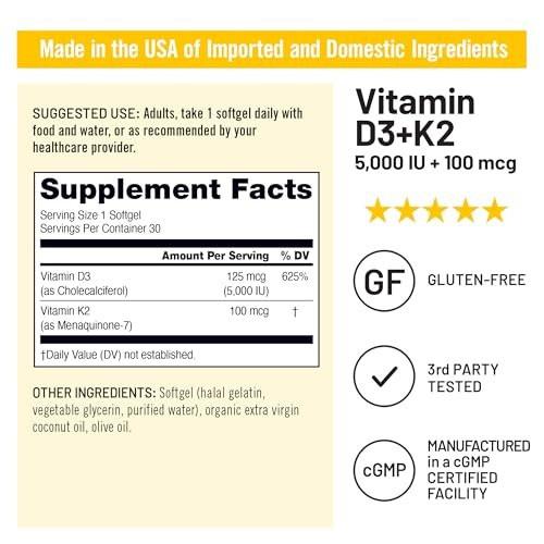 NatureWise Vitamin D3 5000IU + K2 (MK7) 100mcg with Organic Extra Virgin Coconut Oil - Supports Calcium Absorption, Bone & Immune Health - Non-GMO, Soy & Gluten-Free - 30 Softgels [30-Day Supply] - görsel 9