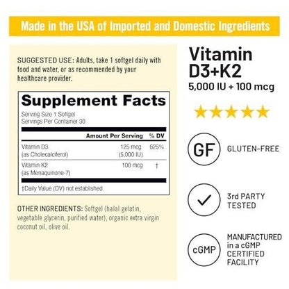 NatureWise Vitamin D3 5000IU + K2 (MK7) 100mcg with Organic Extra Virgin Coconut Oil - Supports Calcium Absorption, Bone & Immune Health - Non-GMO, Soy & Gluten-Free - 30 Softgels [30-Day Supply]
