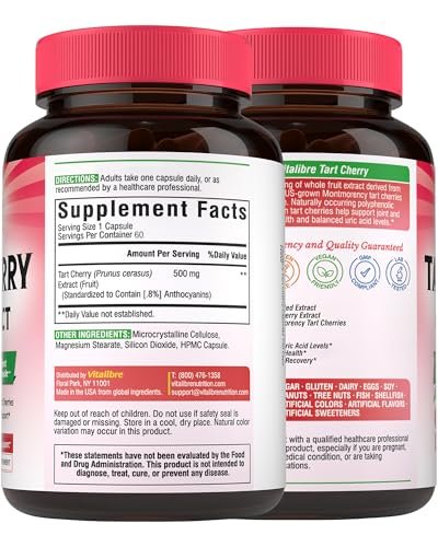 Vitalibre Tart Cherry Capsules, 500 mg Tart Cherry Extract Per Capsule, Uric Acid Balance, Immune Support, Non-GMO, 60 Vegan Capsules - görsel 5