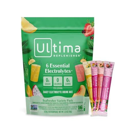 Ultima Replenisher Electrolyte Powder & Instant Tea Drink Mix – TeaFresher Variety, 16 Stickpacks – Sugar Free Electrolytes Hydration Packets with Fruit & Tea Fusions – Plant Based & Keto Friendly