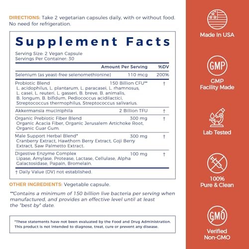 NewRhythm Probiotics for Men, with Prebiotics, Selenium, Digestive Enzymes, Akkermansia Muciniphila, Cranberry Extract, 150 Billion CFU, Digestive, Colon, Immune, Men's Health, 60 Vegan Caps - görsel 3