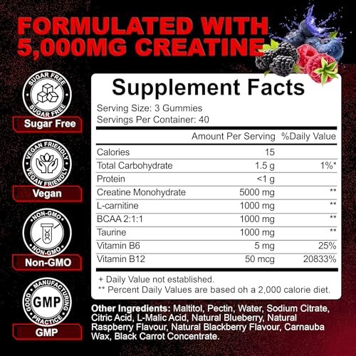 Creatine Monohydrate Gummies for Men & Women with L-Carnitine & Taurine – Pre-Workout Supplement for Muscle Strength, Energy Boost – Sugar Free, Vegan, Berry Flavor, Chewable Gummy 120 Count - görsel 15