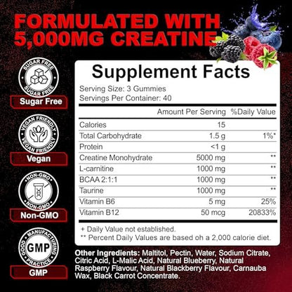 Creatine Monohydrate Gummies for Men & Women with L-Carnitine & Taurine – Pre-Workout Supplement for Muscle Strength, Energy Boost – Sugar Free, Vegan, Berry Flavor, Chewable Gummy 120 Count