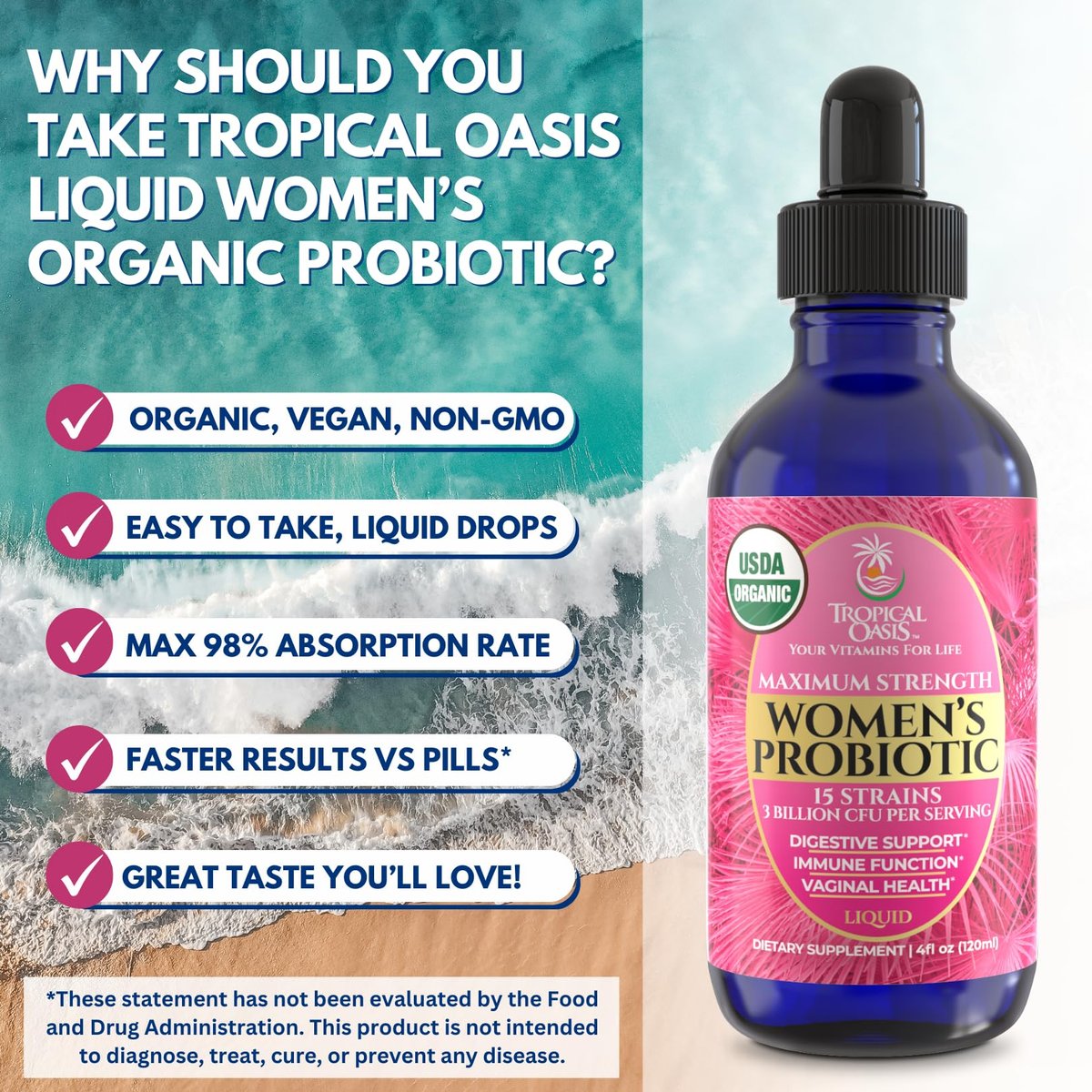 USDA Organic Liquid Probiotic for Women | PH Balance, UT, & Feminine Health | Digestive Support, Immune & Gut Health | 15 Clinically Studied Strains | 98% Absorption | Vegan, Non-GMO | 40 Servings - görsel 3