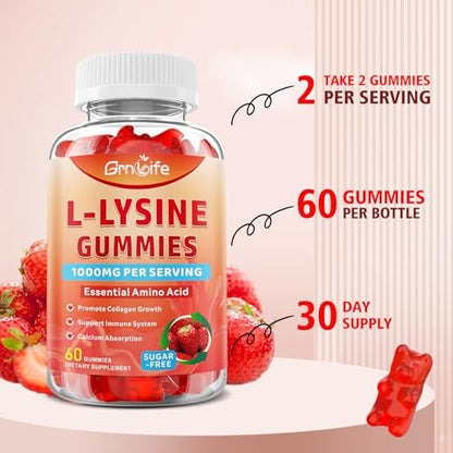 GrnLife L-Lysine 1000mg Gummies, Chewable Lysine Supplement for Adults & Kids, Essential Amino Acid Supplement for Immune Support, Collagen Formation Support, Strawberry, 60 Count