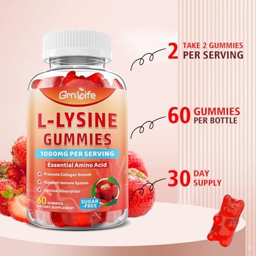 GrnLife L-Lysine 1000mg Gummies, Chewable Lysine Supplement for Adults & Kids, Essential Amino Acid Supplement for Immune Support, Collagen Formation Support, Strawberry, 60 Count - görsel 2