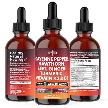 Cayenne Pepper Supplement Liquid Drops + Hawthorn Berry, Vitamin D3 K2 Beet Root Powder, Ceylon Cinnamon, Turmeric Curcumin, Organic Panax Ginseng - 4oz