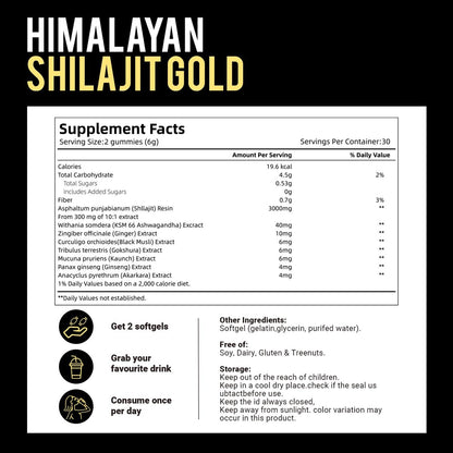 Himalayan* Shilajit Gummies with Ashwagandha & Gokshura | 85+ Trace Minerals & Fulvic Acid | Organic, Non-GMO Micronutrient Supplement for Men & Women | 100% Pure & Natural