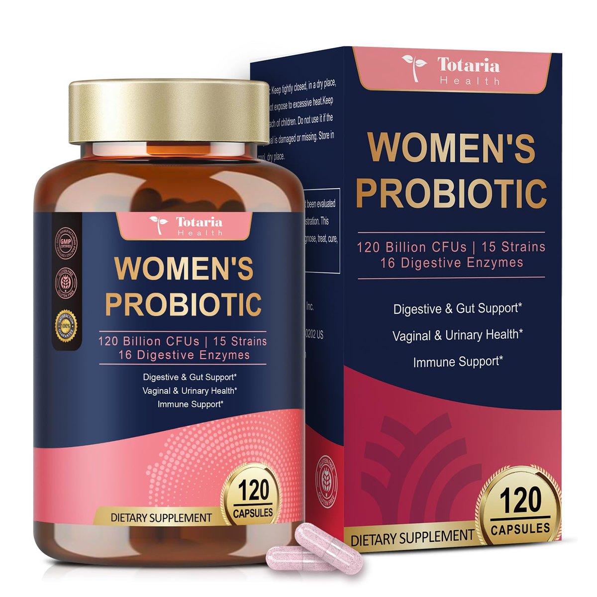 Totaria Probiotics for Women, 120 Billion Women Probiotic, with Akkermansia, Digestive Enzymes & Prebiotics, Cranberry, D-Mannose, for Gut, Vaginal, Urinary, Immune, PH Balance, 120 Vegan Capsules - görsel 4