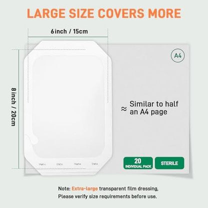 Transparent Film Dressing 6'' x 8'', 20 Packs Clear Waterproof Bandages for Wounds, Large Adhesive Patches Breathable Wound Cover for Post Surgical Shower Swimming Tattoo Aftercare IV Shield