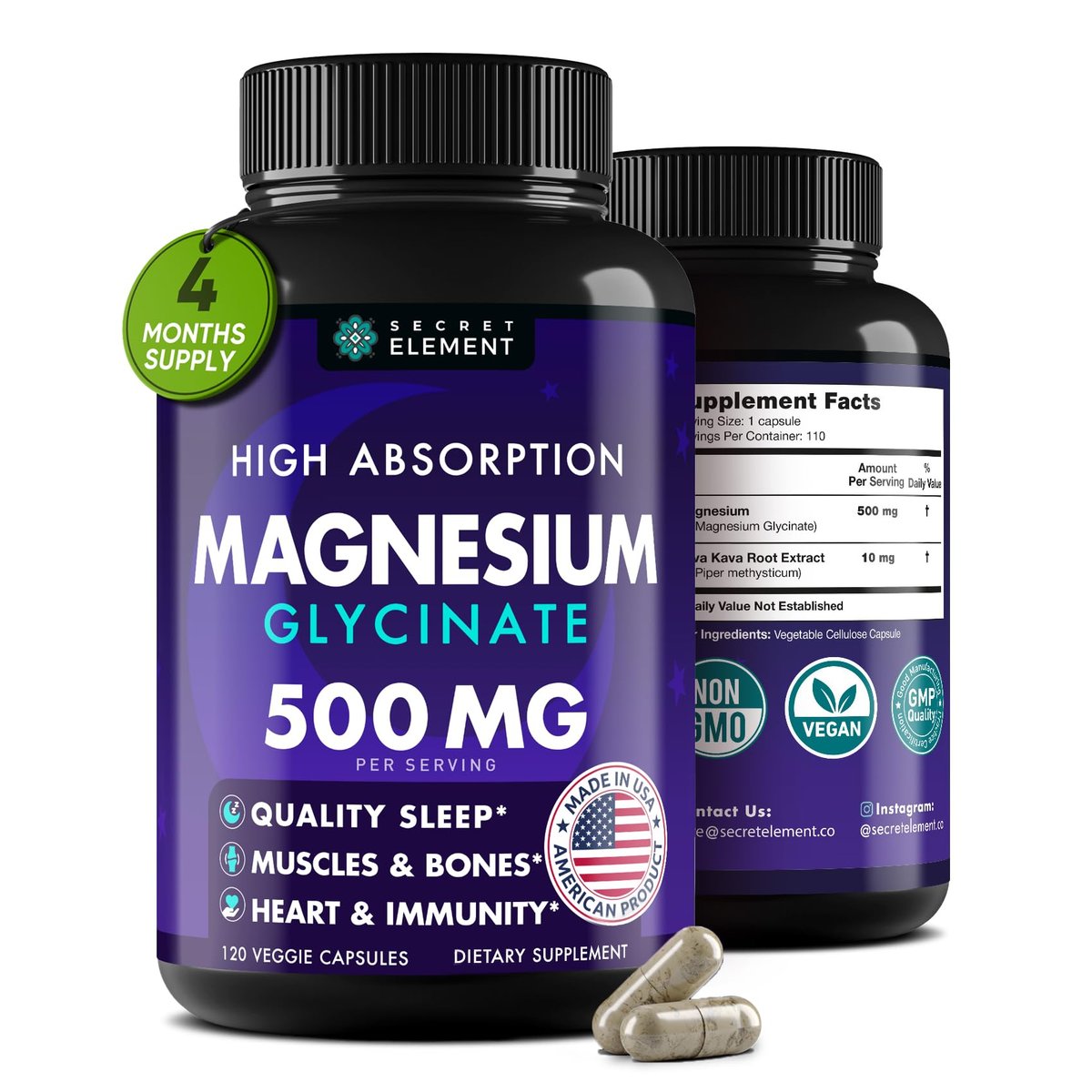 Magnesium Glycinate 500MG Capsules, Magnesium Supplement for Adults & Kids with Kava Kava, High Absorption, Vegan & Non-GMO, 120 Capsules - görsel 12