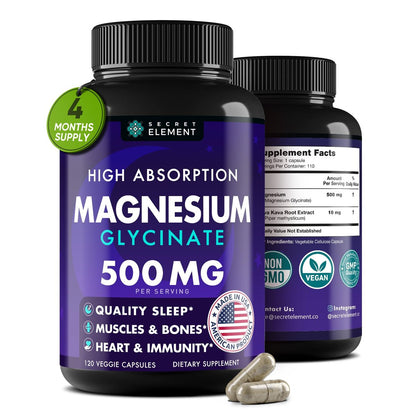 Magnesium Glycinate 500MG Capsules, Magnesium Supplement for Adults & Kids with Kava Kava, High Absorption, Vegan & Non-GMO, 120 Capsules