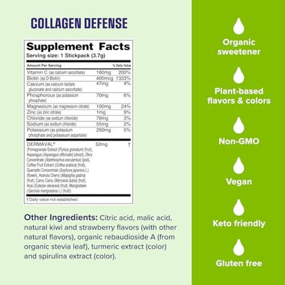 Ultima Replenisher Collagen Defense Supplement and Electrolytes Powder - Kiwi Strawberry, 13 Stickpacks - Hydration Packets with Dermaval and Biotin that Keep Your Skin Hydrated and Looking Radiant
