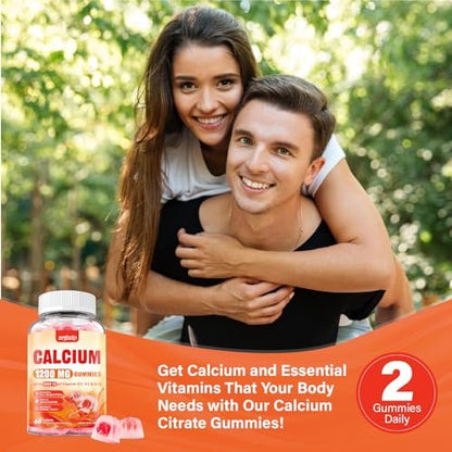 Calcium 1200 mg with Vitamin D3 Supplement for Adults - Calcium Gummies with Vitamin D3 5000IU, K2, B12 for Women Men - Extra Absorption Calcium Citrate - Natural Strawberry Flavor, 60 Gummies