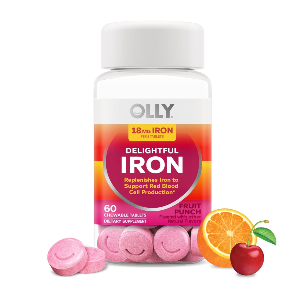 OLLY Delightful Iron Chewable Tablet, Iron Supplement from AB Fortis, Fruit Punch Flavored, 30 or 20 Day Supply - 60 Count - görsel 1