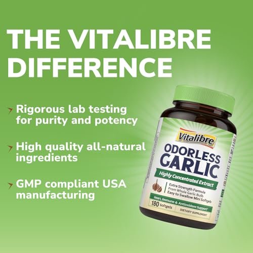Vitalibre Odorless Garlic, Extra Strength Extract, Non-GMO, No Gluten, Heart & Immunity, Antioxidant Defense, 180 Softgels - görsel 16
